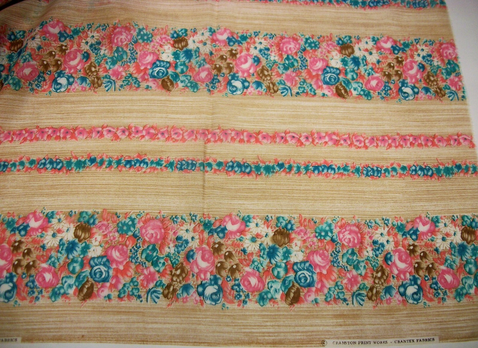 Vtg Crantex Fabrics Cranston Floral Striped Pink Turquoise Batiste Cotton 3+ Yds