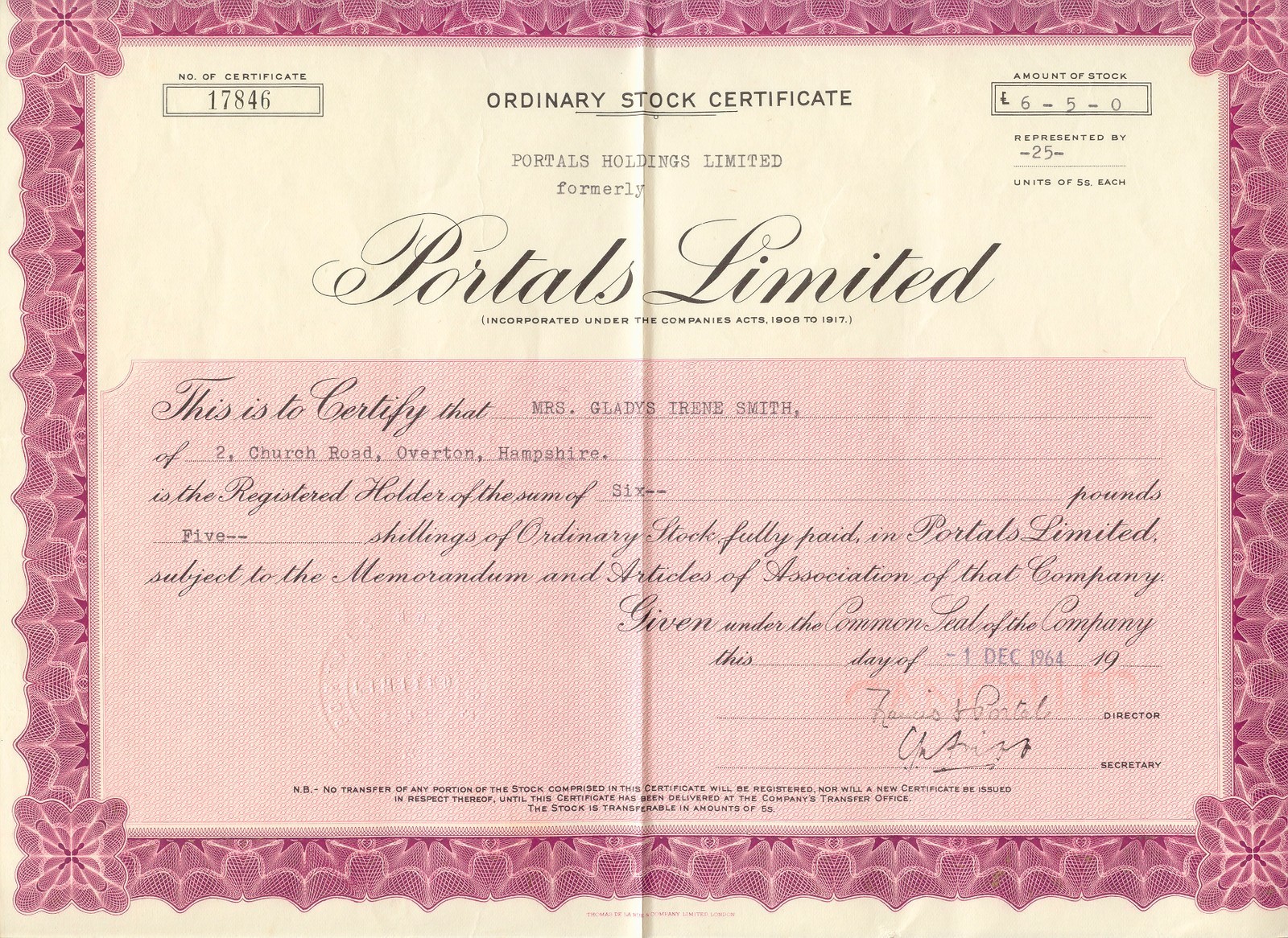 UNITED KINGDOM 1964, PORTALS HOLDING Ltd., Zertifikat über 25 Stammaktien je 5 