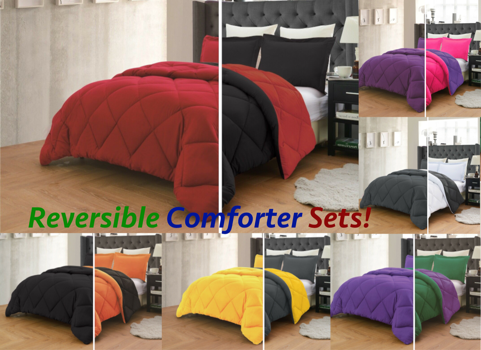 Reversible 3-Piece Comforter + Pillow Shams - 10 Combinations! 2-Sided Set