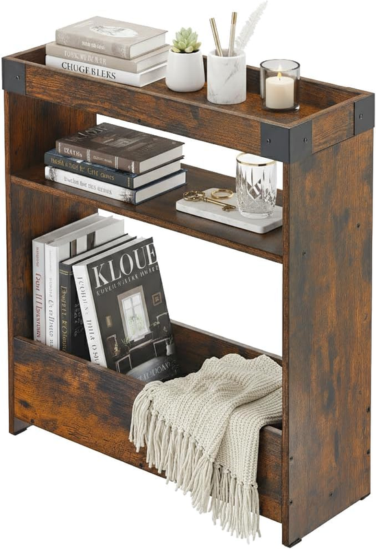 Farmhouse Narrow Side Table with Magazine Rack, Sofa Couch Side Table with Storage Shelf, Slim End Table for Small Spaces, Modern Nightstand for Bedroom, Living Room, Hallway (Rustic Brown)