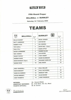 Team Sheet - Millwall v Burnley FAC 14.2.2004