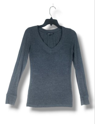 Active Basic Womens V-Neck Long Sleeve Plain Solid Fitted Top Dark Gray  Medium