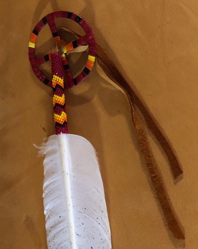 Beautiful New Lakota Beaded Imitation Eagle Feather With Quilled Medicine Wheel