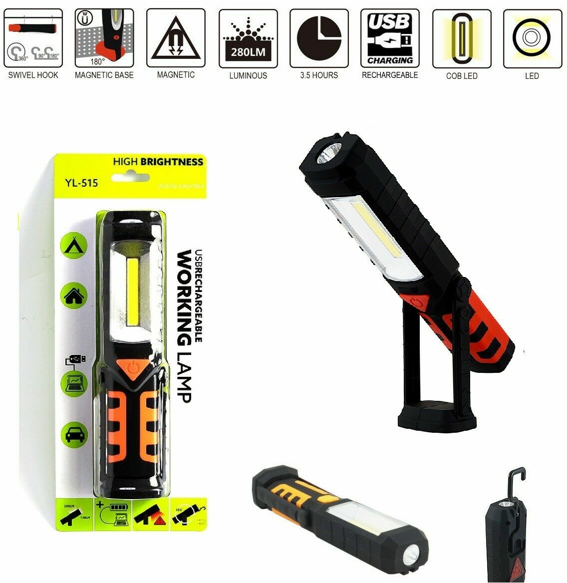 Lampada Torcia Lavoro Calamita Portatile Led Ricaricabile Faro Da Officina cir
