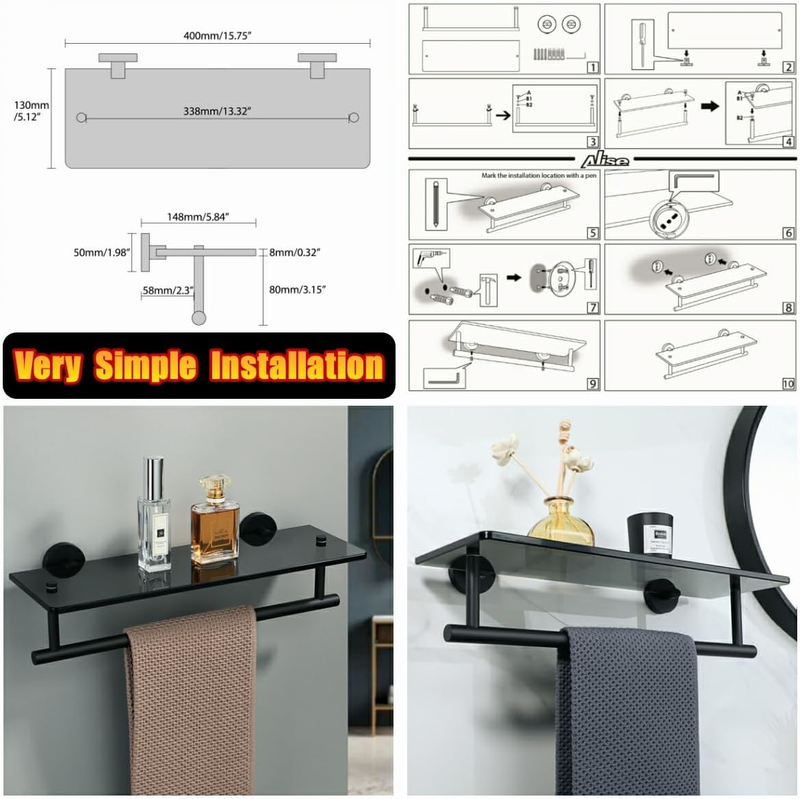 Alise Bathroom Shelves Glass Shelf with Bar,Wall Mount Floating Shelves for Bath