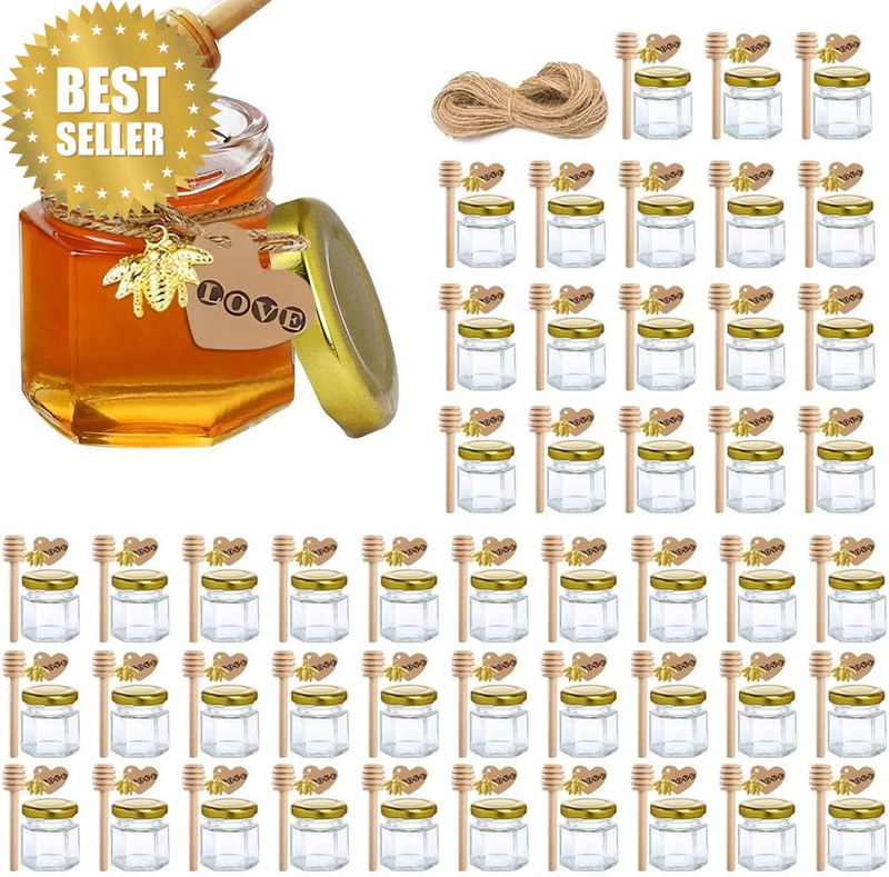 48Pack 1.5 Oz Hexagon Mini Glass Honey Jars with Wood Dipper, Gold Lid, Bee Pend