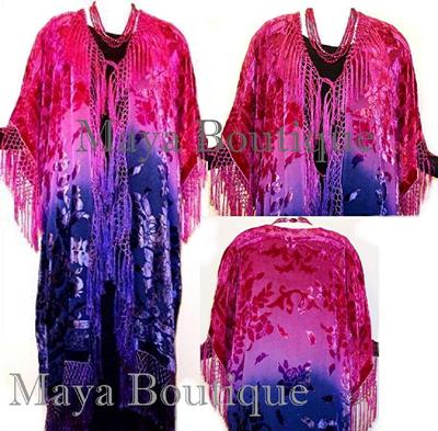 Pre-owned Maya Matazaro Hand Dyed Kimono Fringe Jacket Duster Silk Burnout Velvet Magenta Purple & Navy In Pink