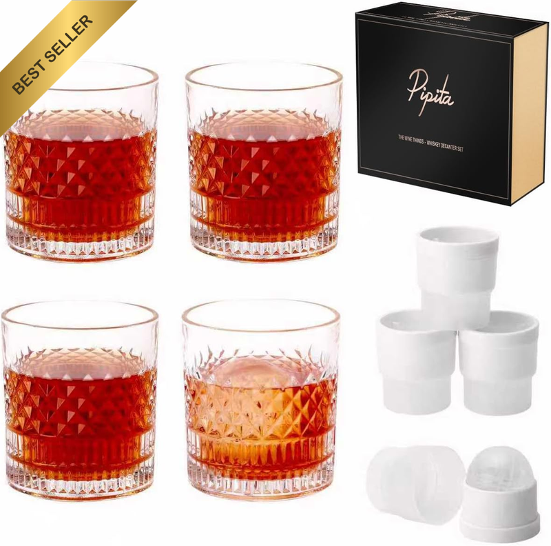 Crystal Whiskey Glass with 4 Iceball Molds and a Luxury Box, No-Lead Crystal Whi