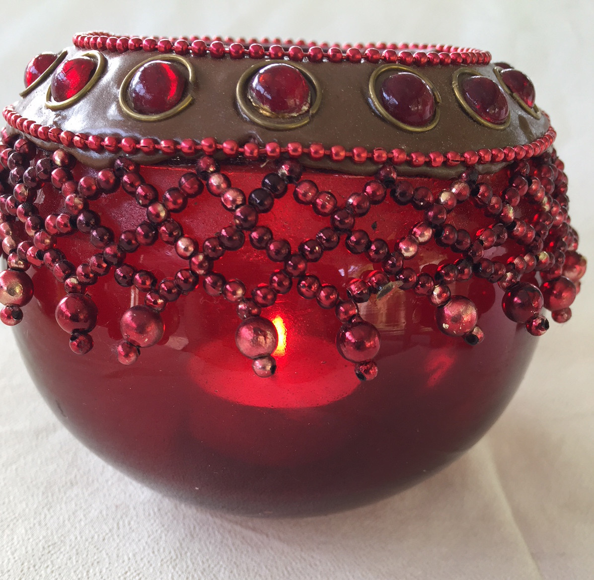 Red Tea Light Holder Cup Beaded Glass Candle Holder Votive Hand Made