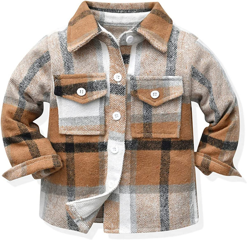 Baby Boys Girls Flannel Shirt Jackets Toddler Plaid Long Sleeve Lapel Button Shi