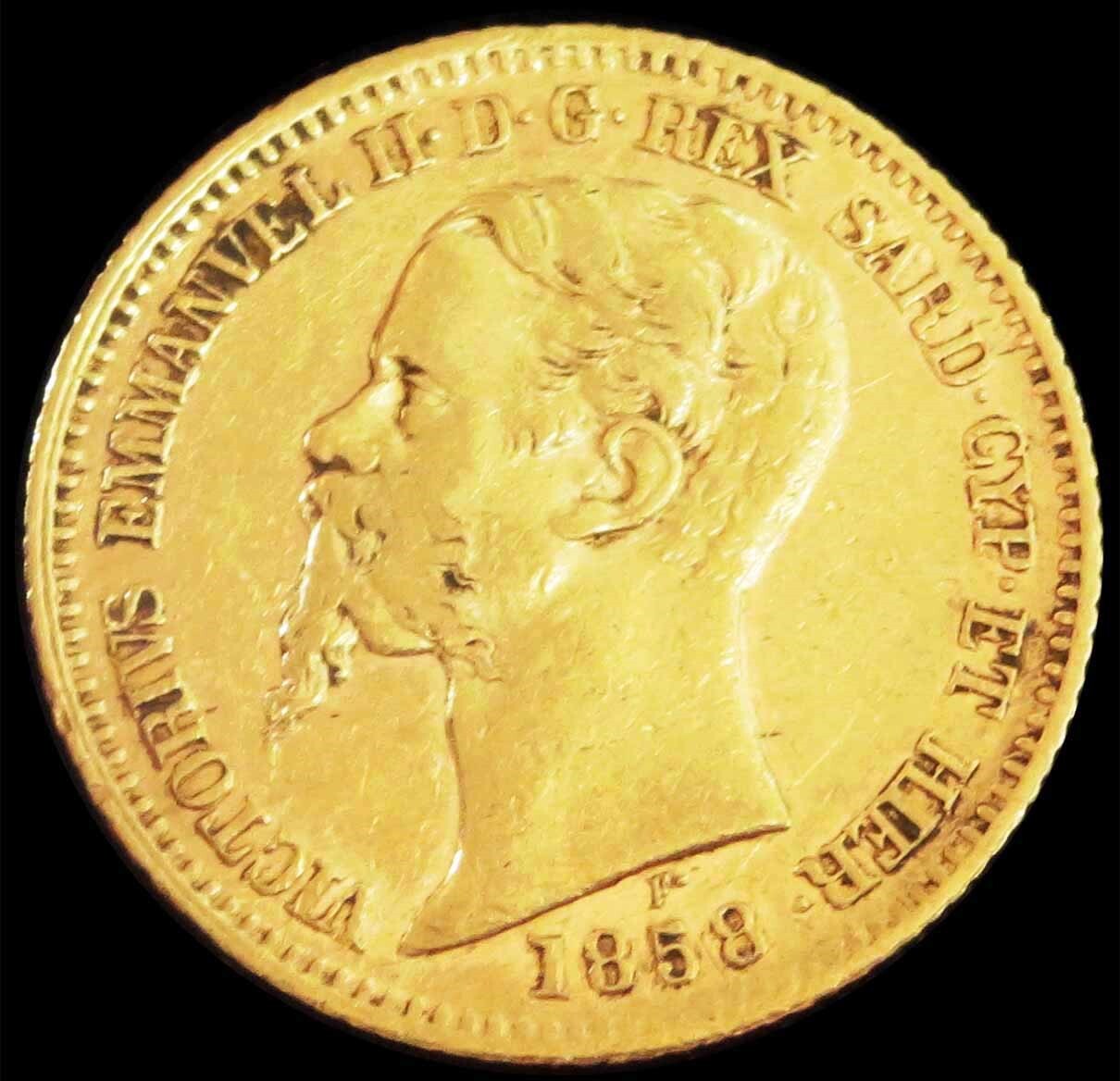 1858 GOLD SARDINIA ITALY 20 LIRE VITTORIO EMANUELE II COIN