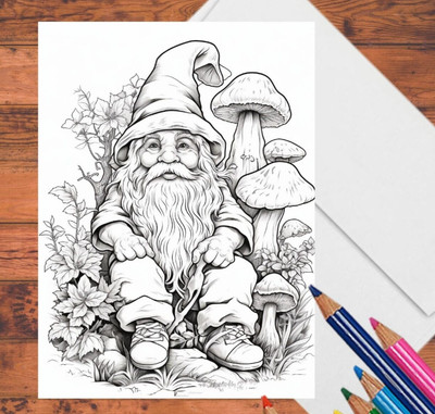 8 Enchanted Garden Gnomes Coloring Cards, 5x7'' Adult DIY Stationery w/Envelopes
