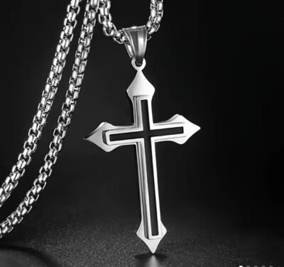 Mens Silver Black Double Layer Cross Pendant Necklace Stainless Steel Chain 24''
