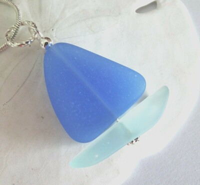 NAUTICAL Sea glass OPAQUE SKY BLUE sail PALE AQUA hull Sailboat  + 18'' chain