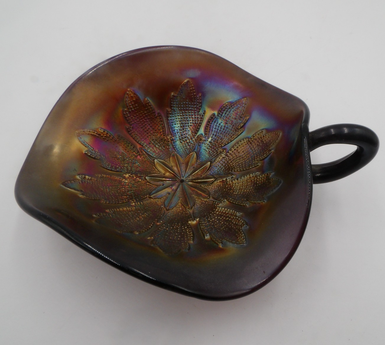 Dugan Carnival Glass Bowl Candy Dish Amethyst Loop Handle