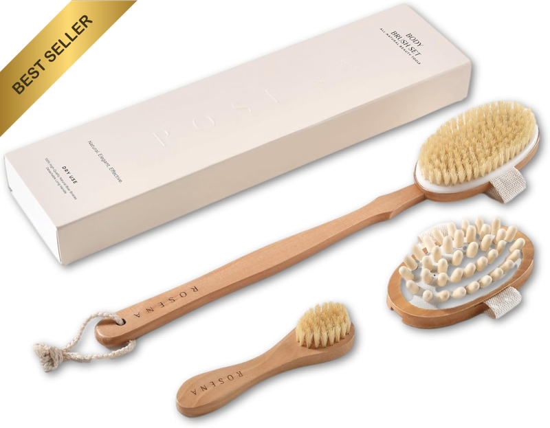 Dry Brushing Body Brush Set – Natural Bristle Spa Exfoliator Kit with Face Clean