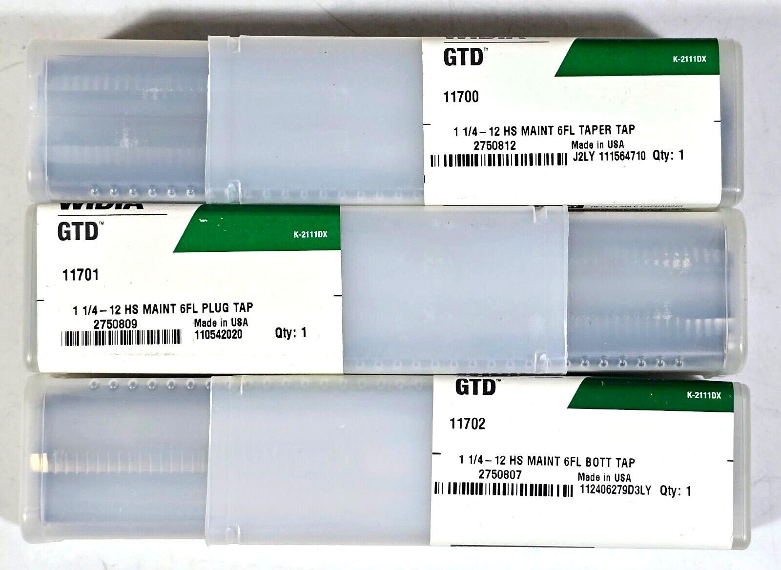 WIDIA GTD 7303 1-1/4-12 HS TAP SET - TAPER (11700), PLUG (11701), BOTTOM (11702)