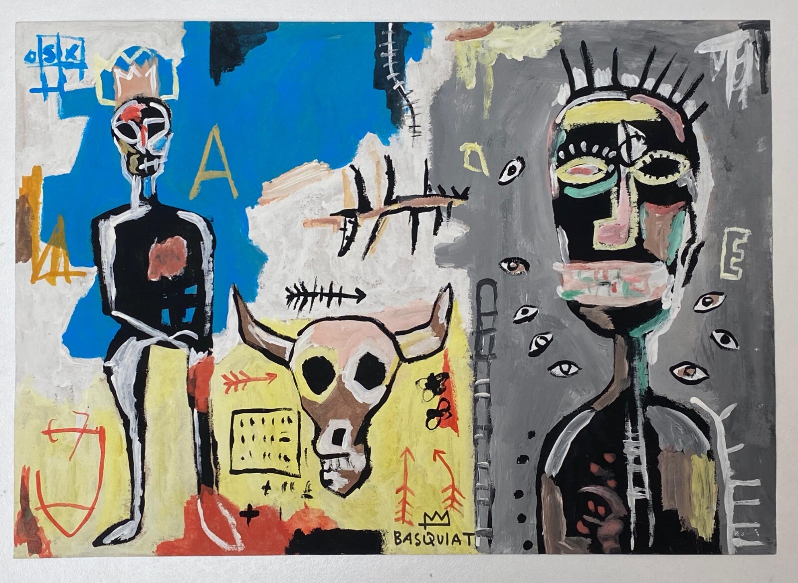 アート・デザイン・音楽 JEAN-MICHEL BASQUIAT DRAWINGS Jean-Michel Basquiat (Handmade) Drawing On old Paper Signed