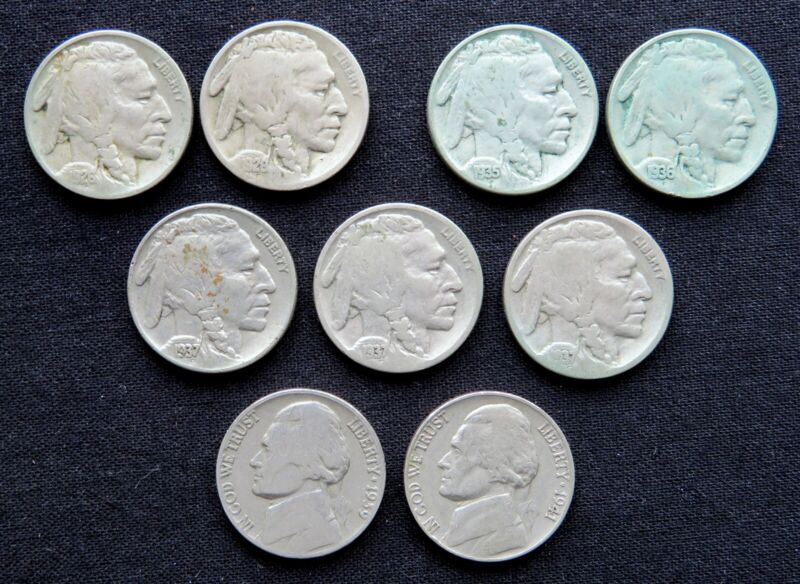 9 US Nickels - 2 Jefferson Nickels & 7 Indian Head Buffalo Nickels One Is 1937D