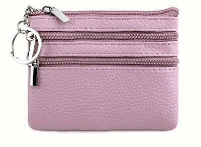 Genuine Leather Small Triple Zipper Coin Change Purse Key Card Wallet Keyring 