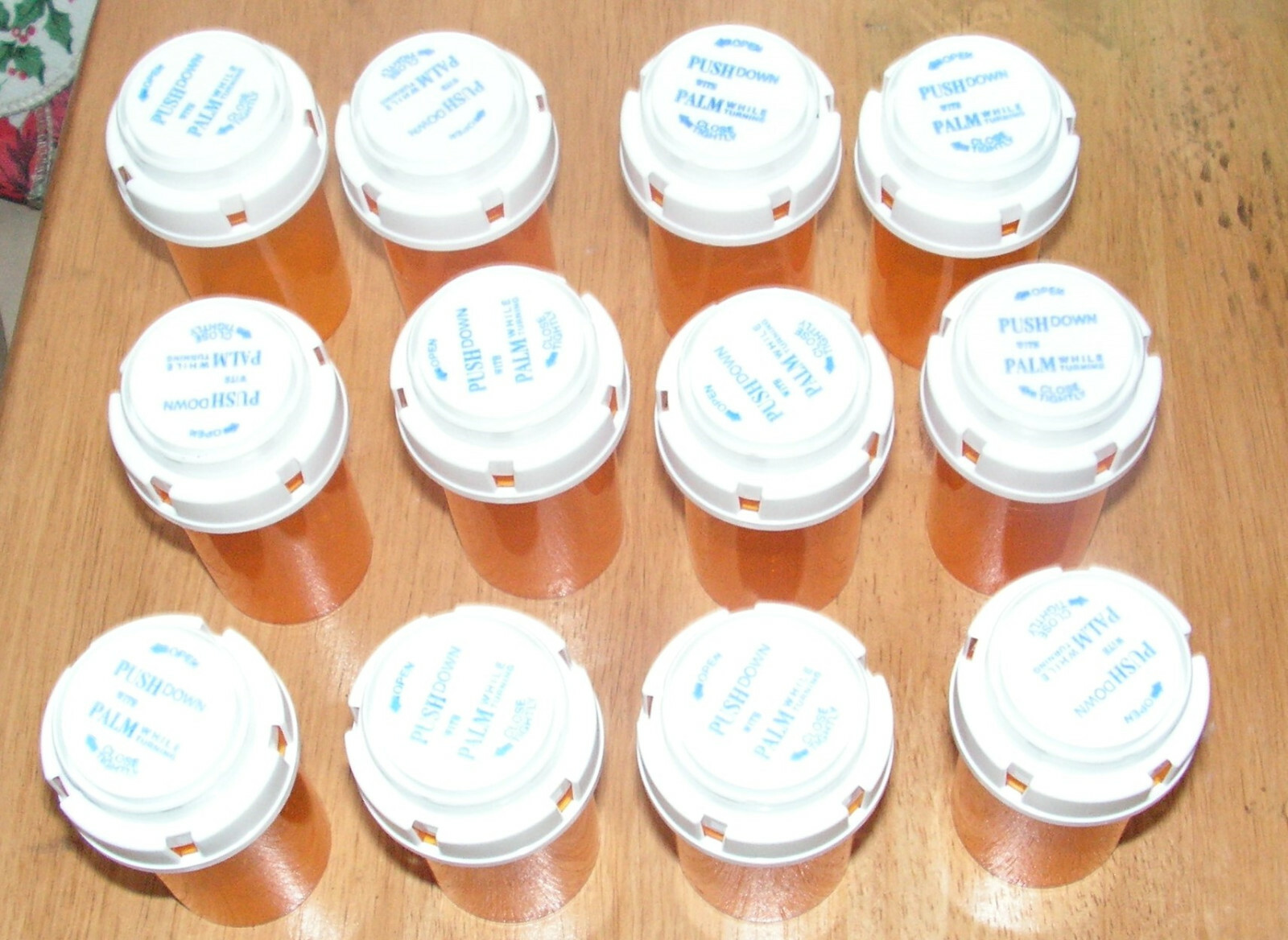 Lots of 12 Empty Amber Prescription Rx Pill Bottles in 20DR with Push Down Lids