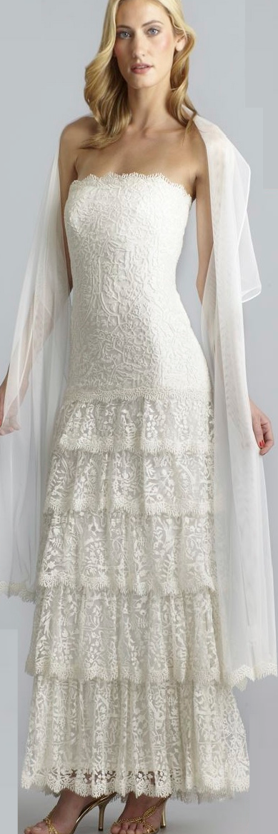 Pre-owned Tadashi Shoji Strapless Ivory Lace Tiered Dress Gown & Stole 8 14 $608 In White