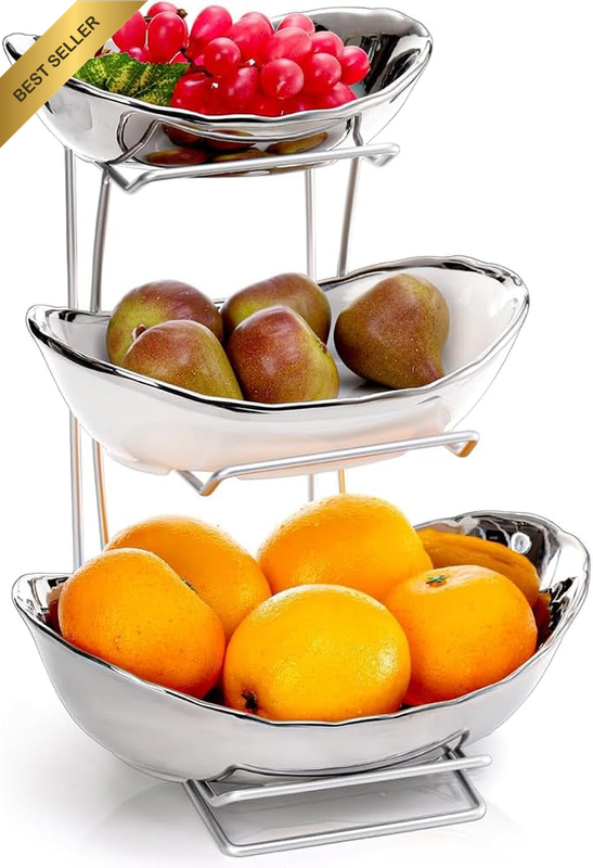 Three-Tier Ceramic Fruit Bowl, Kitchen Countertop Oval Serving Bowl Set, Fruit B