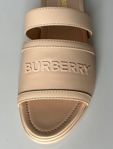 Pre-owned Burberry Open Toe Women's Peach Leather Slides Sandals 7.5 (37.5) 8047843 It In Orange