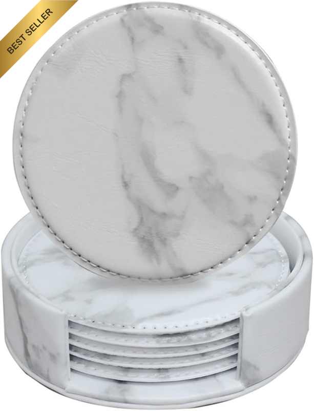6Pcs White Marble Drink Coasters Set with Holder Round Cup Mats for Home