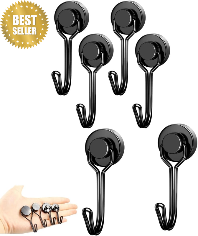 6 Pack Black Magnetic Hooks for Hanging, Strong Swivel Swing Hooks, Magnet with