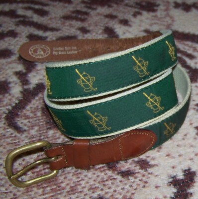 LEATHER MAN LTD ESSEX Embroidered Ribbon Belt GULPH MILLS GOLF CLUB Sz 40 Green