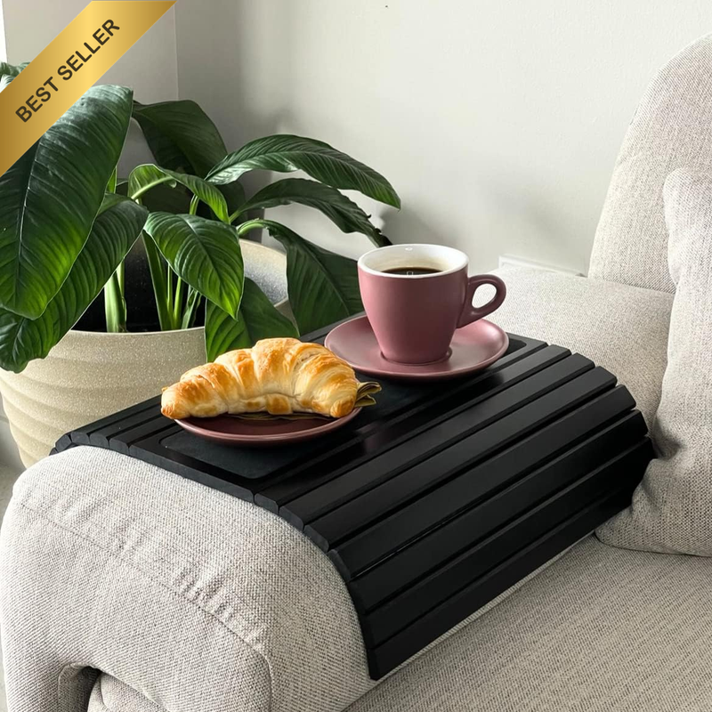 Sofa Arm Tray, Foldable Couch Armrest Organiser with Faux Leather Pad, Bamboo Ar
