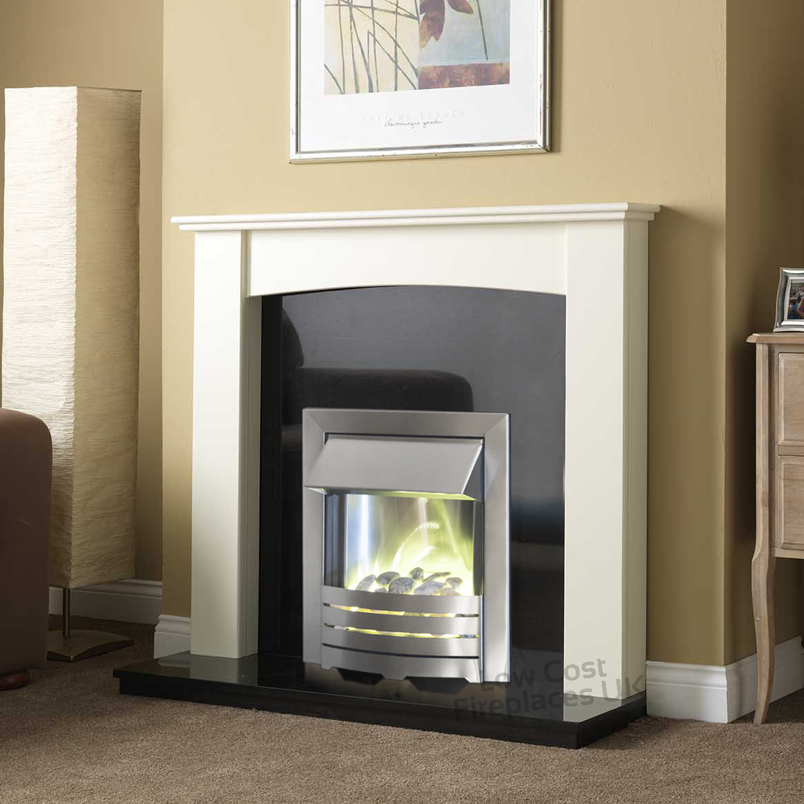 ELECTRIC BRUSHED SILVER CREAM CURVED SURROUND BLACK WALL FIRE FIREPLACE