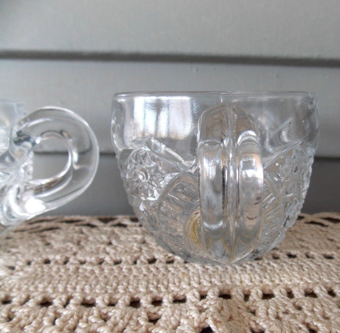 Set of 2 Vintage Clear Glass Punch Cups with Arches and Daisy Button Pattern