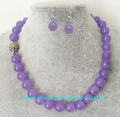 Handmade 10mm Natural Lavender Jade Round Beads Necklace Earring Set 20'' AAA