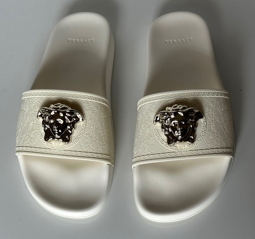 Pre-owned Versace $425  Medusa Head Slides Sandals White 11 Us (41 Eu) Dsr262cn It