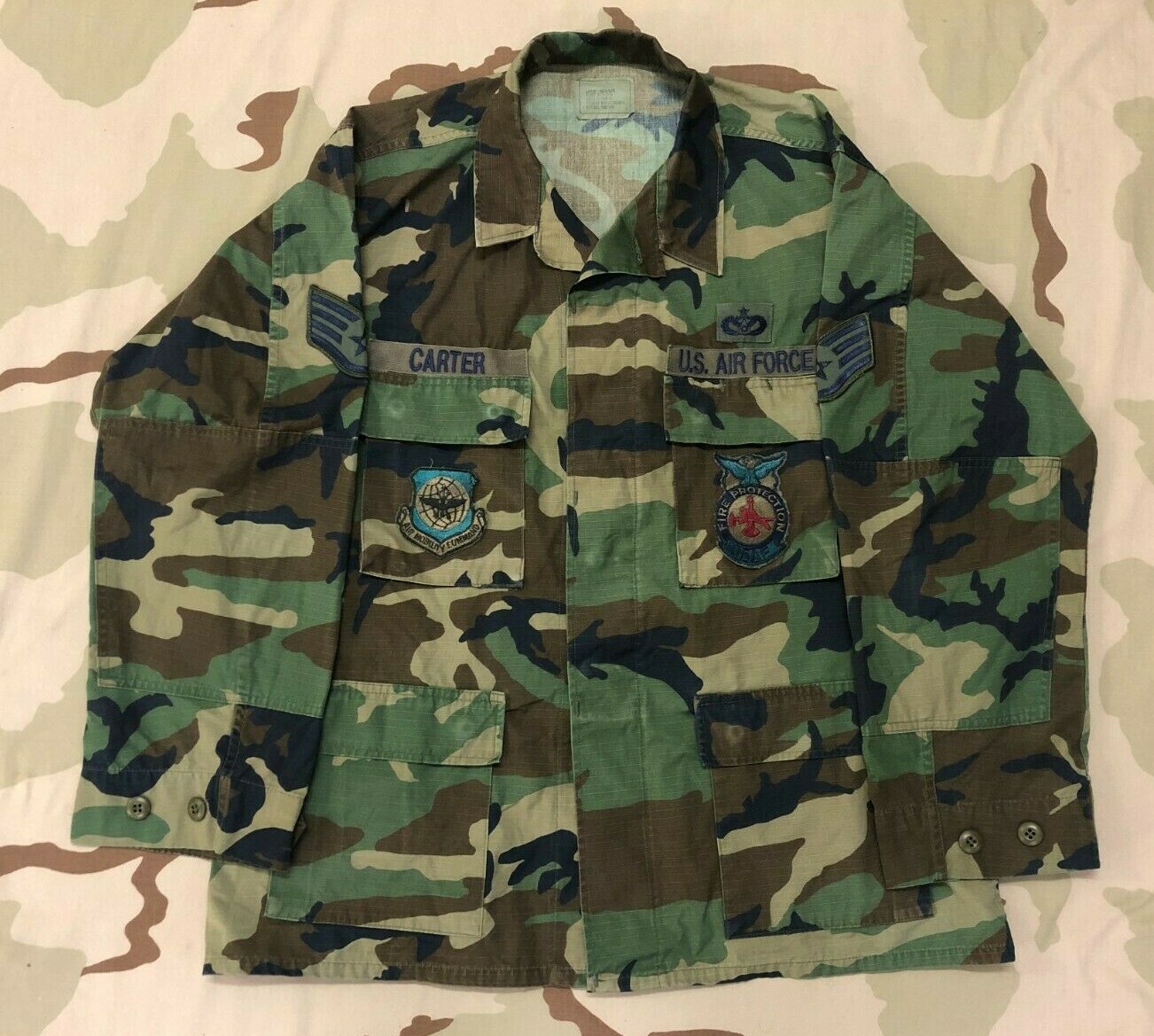 USAF Air Force Camo BDU Shirt Fire Protection Badge & Air