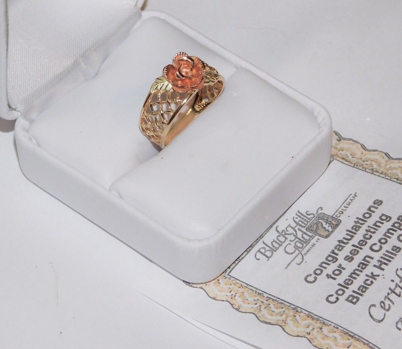 Black Hills Gold 10 kt 12 kt Large Coleman Rose Leaves Lattice Ring Size 8 1/4