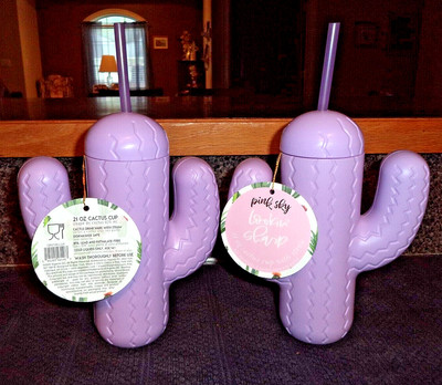 Pair of PINK SKY CACTUS CUPS w/Straws Purple Reusable 21 Oz Mugs - New w/Tags!!