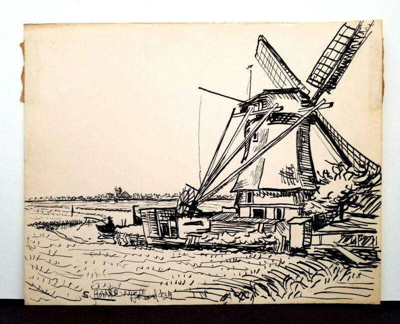 Rare Stephen Colgate Howard 1939 Holland Windmill Signed Ink Illustration