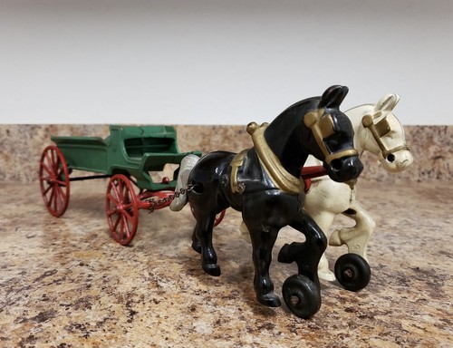 Original Antique Kenton Cast Iron Two Horse Drawen Delivery Wagon