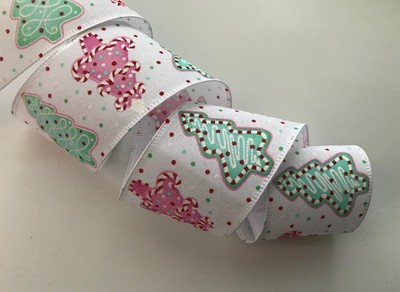Christmas Ribbon, Christmas Tree Cookies, 2.5'' Wide, Wired Edge, 3 YARDS