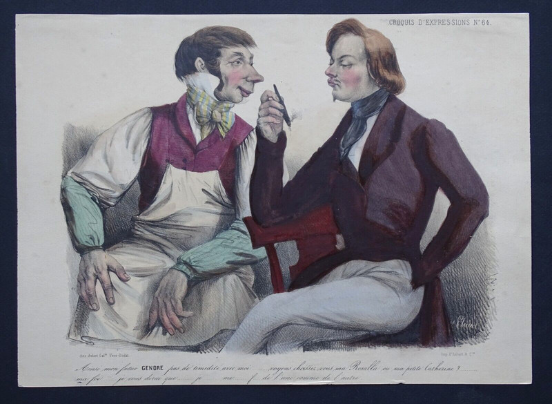 Plattel Aubert C1850 Lithographie Originale Caricature Gendre Croquis Expression