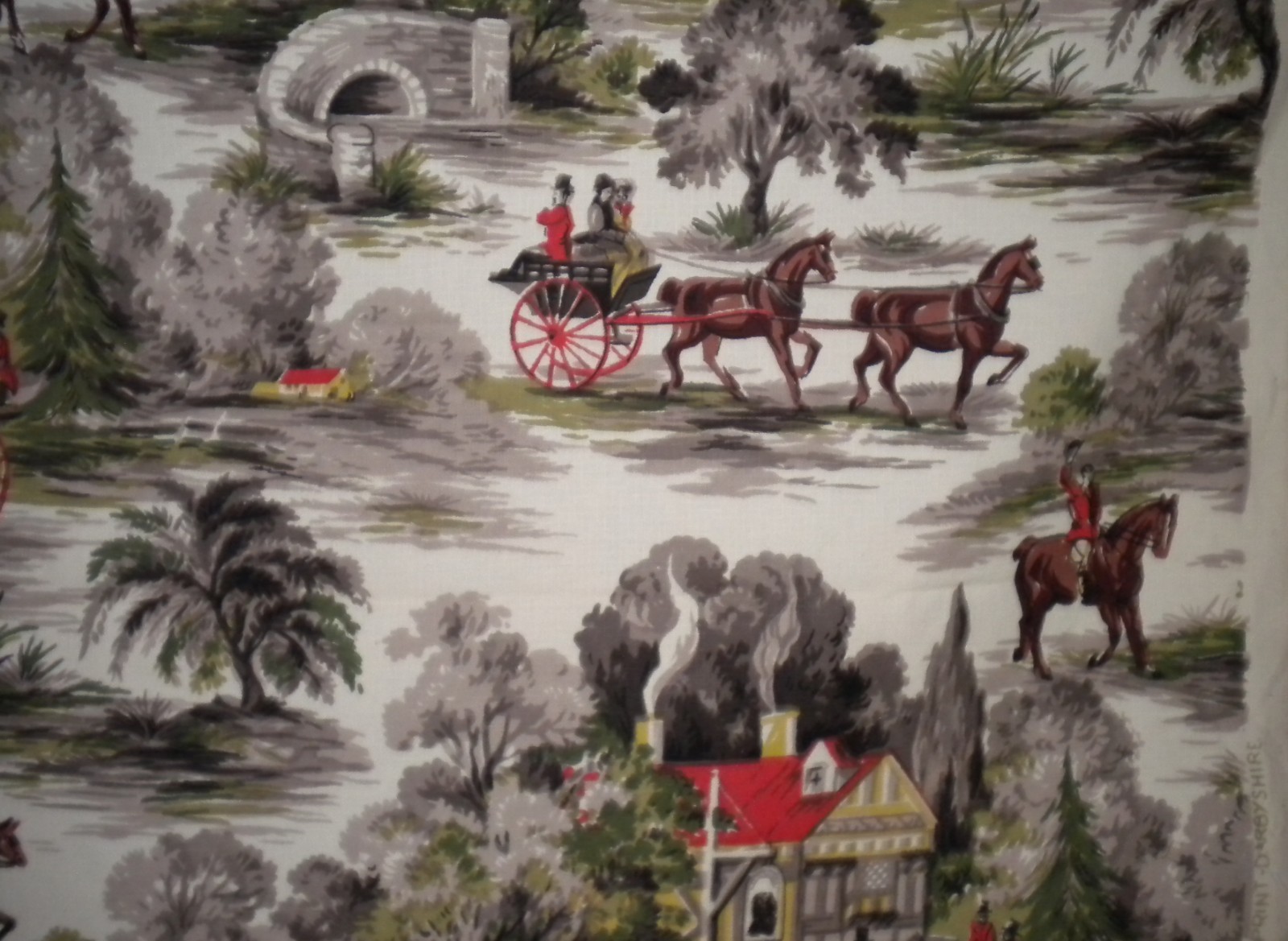 VTG 50s Cohama Derbyshire English Country Side Horse Carriage Fabric Panel 50x84