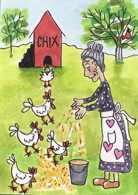 Grandma & Her Hens - ACEO Miniature Original painting  Outsider Art PJR Chickens