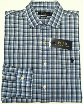 Polo Ralph Lauren Dress Shirt Long Sleeve Slim Fit Blue Plaid Stretch $98