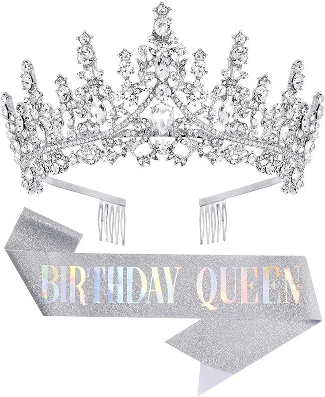 Birthday Crown with Sash for Women, Headband Hair Accessories for Wedding Party