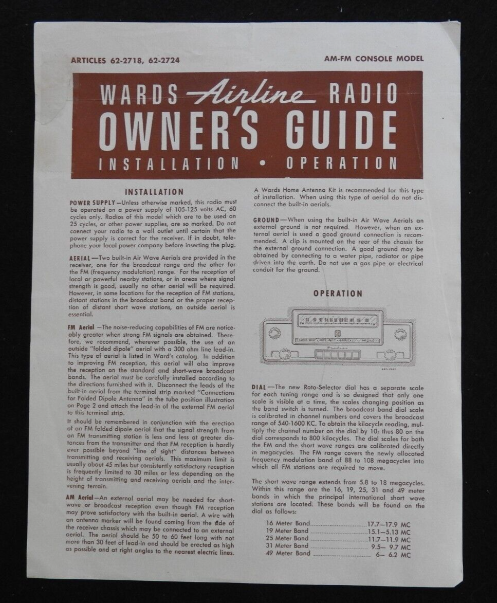 1940's Montgomery Wards Airline Console AM/SW Radio 84WG-2718B 84WG-2724A MANUAL
