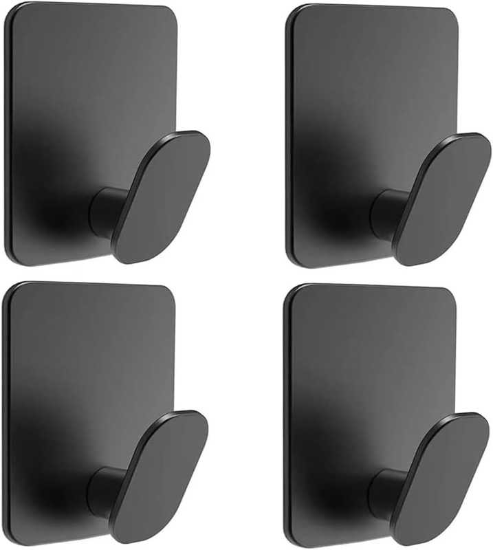 Black Wall Hooks - Heavy Duty Stainless Steel Self Adhesive Hooks, 4Pcs Stick on