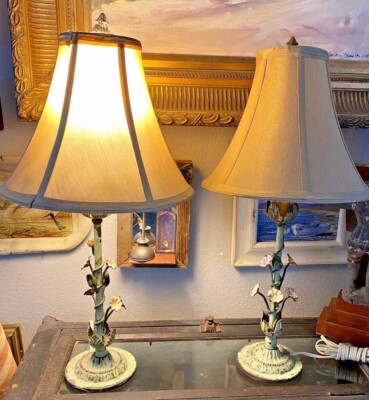 Lot of 2 Vintage Super Cute Floral Roses Lamp Shabby Cottage Chic painted Works